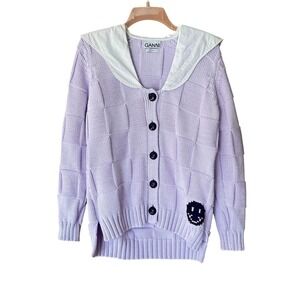 GANNI Sweater Size XS Purple Smiley Cardigan Oversized Sailor Collar Made Italy